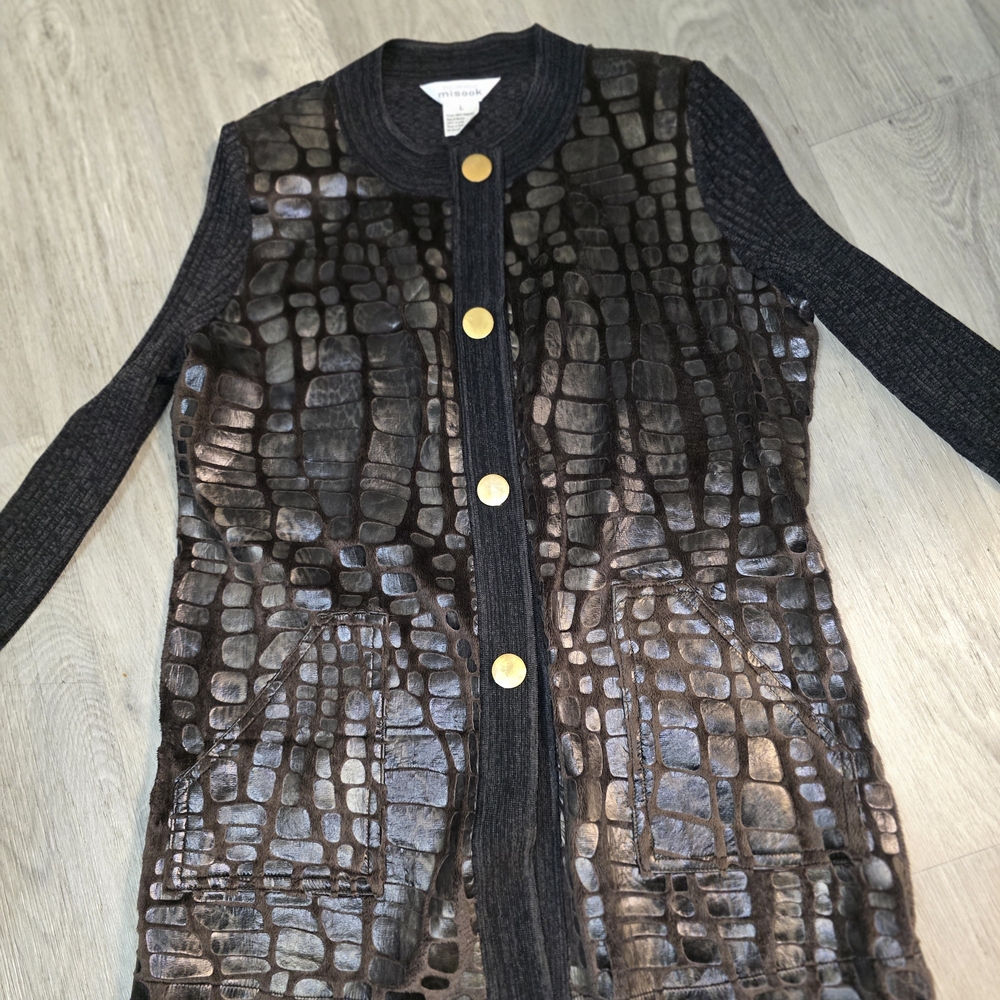 Misook Black Croc-Embossed Long Button-Front Cardigan with Gold Buttons